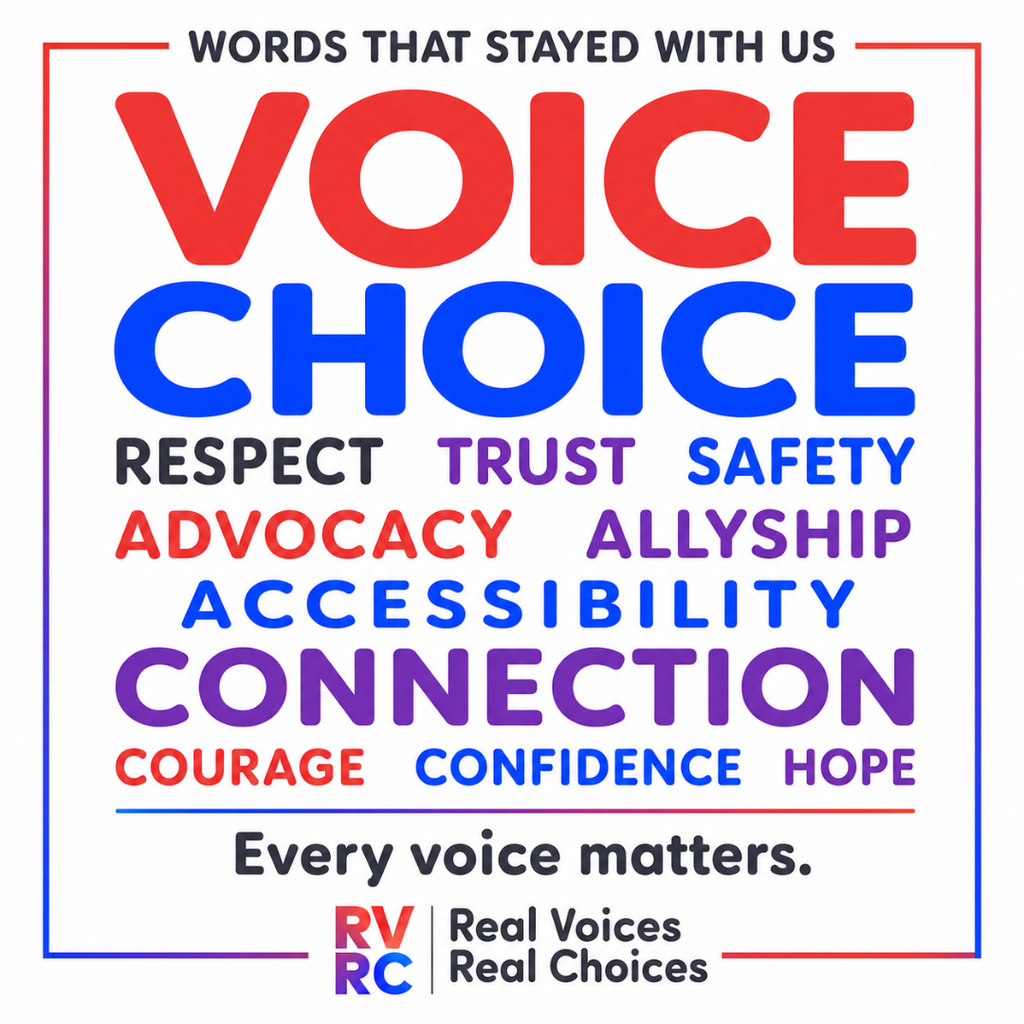 Respect, trust, safety, advocacy, allyship, accessibility, connection, courage, confidence, hope. Every voice matters.